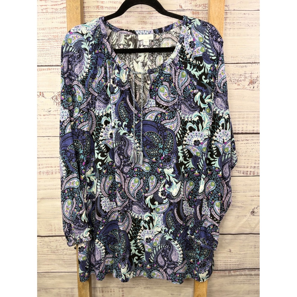 J. Jill Womens XL Purple Paisley Rayon Tassel Split Neck Tunic Blouse - Picture 3 of 13